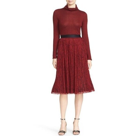 Alice + Olivia Skirt Mikaela Burgundy Red Pleated Lace Midi 4 New